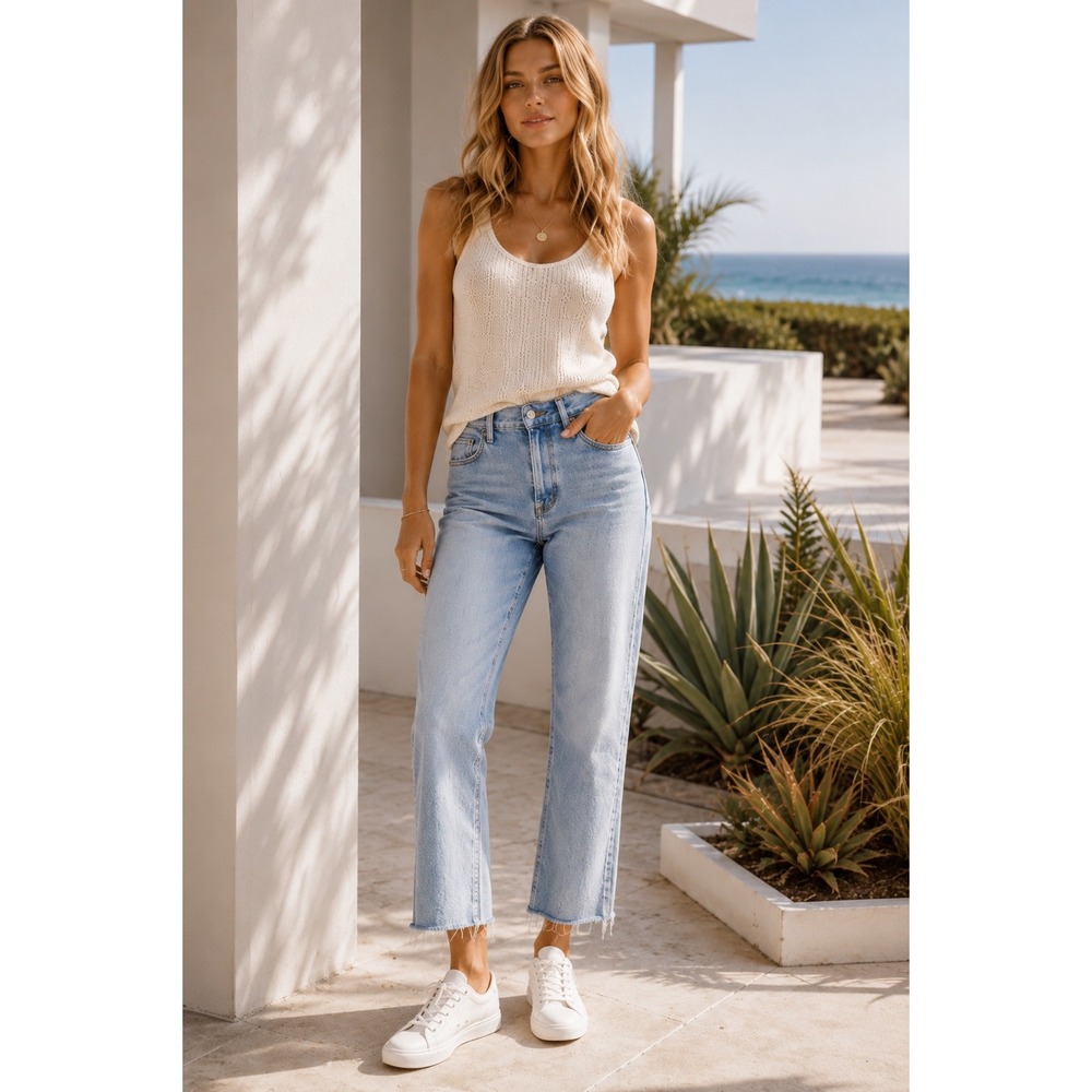 AGOLDE "Riley Crop" Mid Rise Straight Leg Organic Cotton Jeans Raw Hem 30